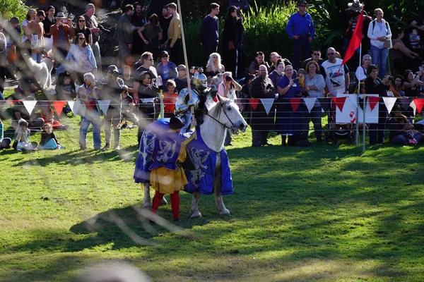 中世の騎士の鎧を着た人がブラックタウン中世フェアで青い装飾服で白い馬に乗って — ストック写真