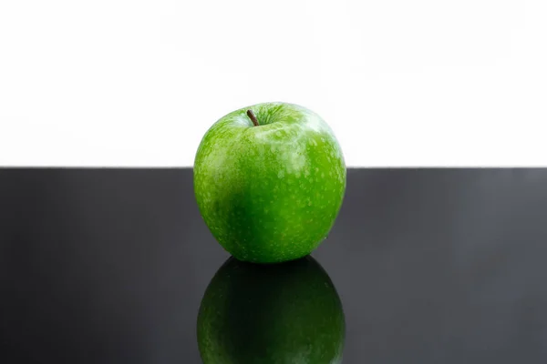 Closeup Green Apple Gray White Background Space Text — Stock Photo, Image