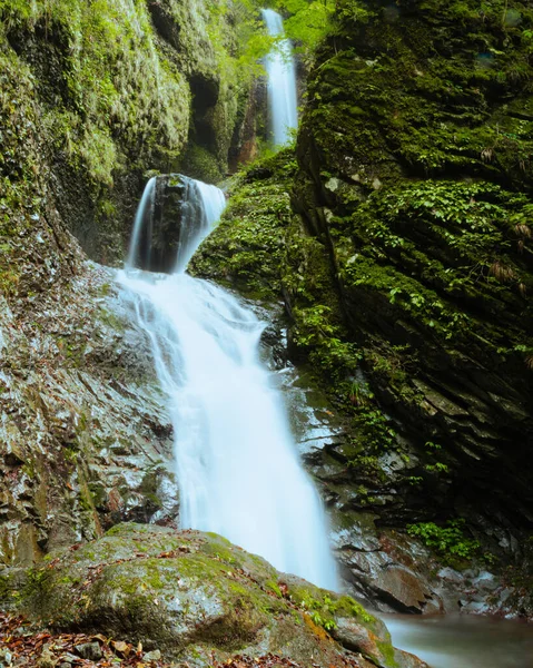 瀑布在布满苔藓的岩石中美丽的垂直镜头 — 图库照片