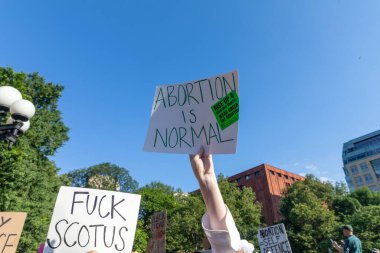 Protestocular, Anayasa Mahkemesi 'nin Roe-Wade davasını geri çevirmesi üzerine ellerinde karton levhalar tutuyorlar.