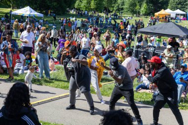 Güneşli bir günde Prospect Park Brooklyn 'de düzenlenen 13. Haziran kutlamasında bir kalabalık.