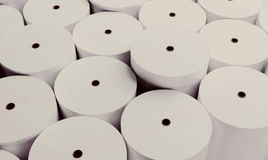 Beyaz kağıdın 3D görüntüsü endüstriyel fabrika üretimini yuvarlıyor.