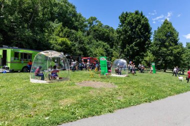 Güneşli bir günde Prospect Park Brooklyn 'de düzenlenen 13. Haziran kutlamasında bir kalabalık.