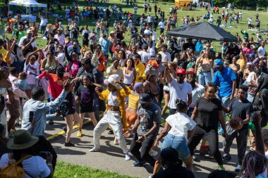 Güneşli bir günde Prospect Park Brooklyn 'de düzenlenen 13. Haziran kutlamasında bir kalabalık.