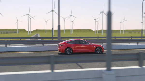 空の高速道路上の赤い電気自動車の3Dイラスト — ストック写真