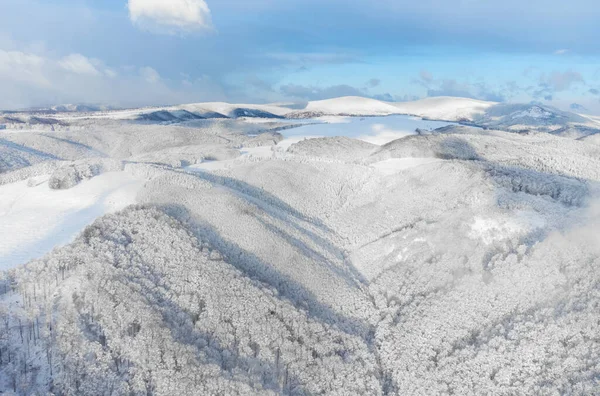 雪に覆われた山々や木々が美しい冬の風景の空中写真 — ストック写真