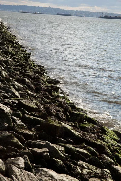 Вертикальный Снимок Скал Берегу Небольшие Волны Врезающиеся — стоковое фото