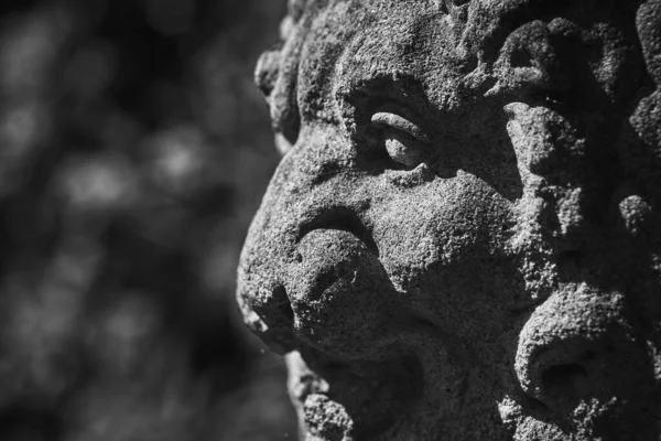 Tiro Close Uma Estátua Pedra Antiga Que Descreve Uma Face — Fotografia de Stock