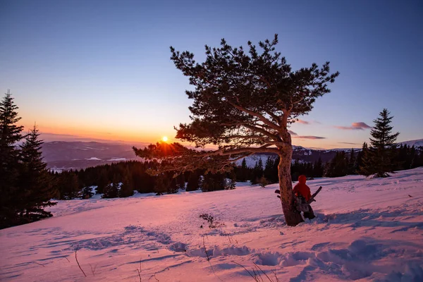 Una Hermosa Vista Campo Cubierto Nieve Con Árboles Atardecer Rosa —  Fotos de Stock