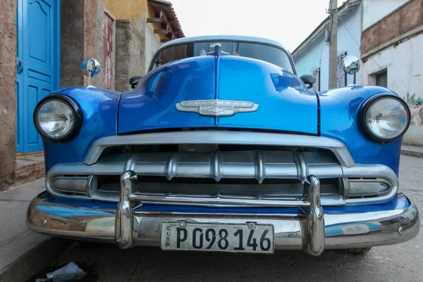 Blue Retro Car Parked Street Trinidad Cuba Stock Picture