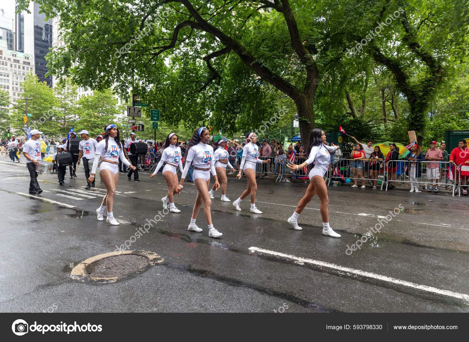 Excited Female Dancers White Outfits Puerto Rican Day Parade New