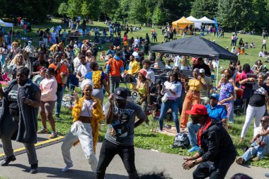Güneşli bir günde Prospect Park Brooklyn 'de düzenlenen 13. Haziran kutlamasında bir kalabalık.