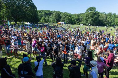 Güneşli bir günde Prospect Park Brooklyn 'de düzenlenen 13. Haziran kutlamasında bir kalabalık.