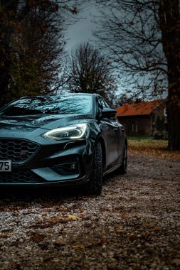 Almanya 'nın Aachen kentinde ağaçların oraya park edilmiş gri bir Ford Focus ST arabasının dikey çekimi.