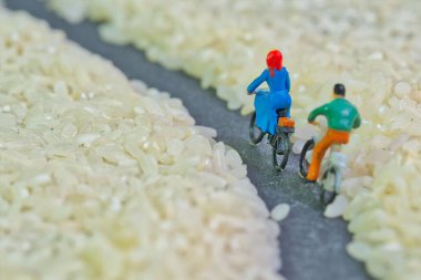 Bisikletçiler, çiğ pirinç ve minyatür insanlar arasında dar bir yolda ilerliyorlar.