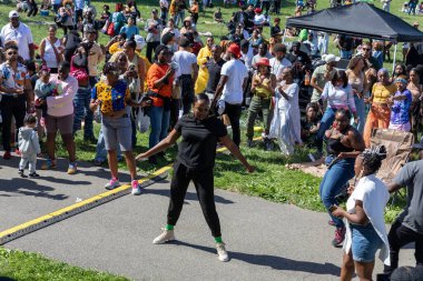 Güneşli bir günde Prospect Park Brooklyn 'de düzenlenen 13. Haziran kutlamasında bir kalabalık.