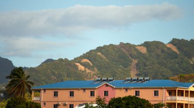 Dağlar ve ağaçlarla çevrili mavi çatılı güzel bir bina manzarası.