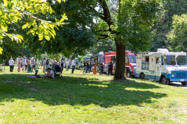 Güneşli bir günde Prospect Park Brooklyn 'de düzenlenen 13. Haziran kutlamasında bir kalabalık.