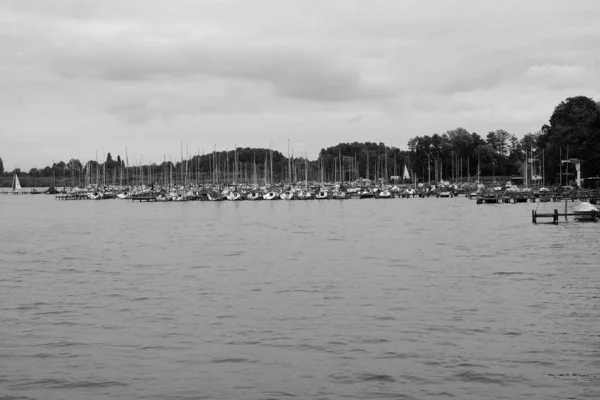 Group Sailboats Moored Dock Grayscale — Stock Photo, Image