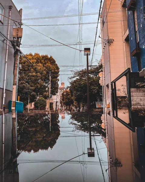 View Street Surrounded Buildings Reflection Water — Stock Photo, Image