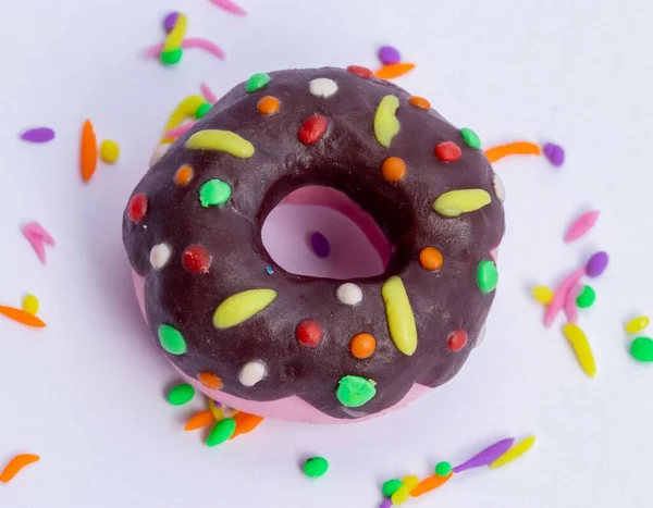 Top View Chocolate Donut Made Plasticine Decorated Sprinkles — Stock Photo, Image