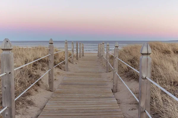 Wooden Pathway Sandy Beach Sunset Maine Usa — Stock Photo, Image