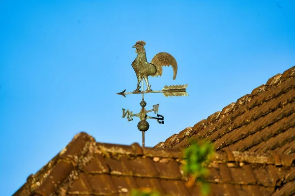 Seletivo Weathercock Dourado Telhado Uma Casa Velha Contra Céu Azul — Fotografia de Stock