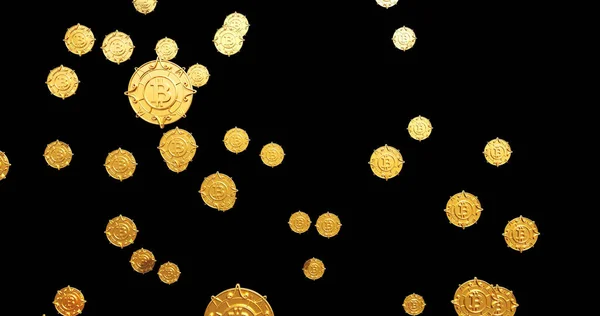 Een Illustratie Van Vallende Gouden Bitcoins Een Zwarte Achtergrond — Stockfoto