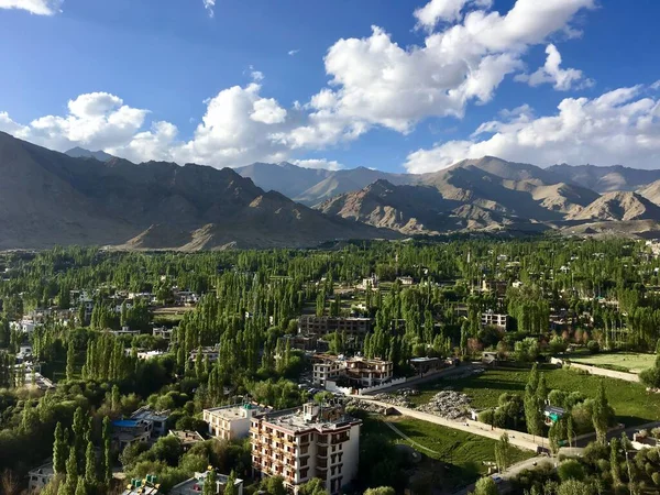 Hög Vinkel Syn Leh Staden Huvudstaden Ladakh Regionen Jammu Och — Stockfoto