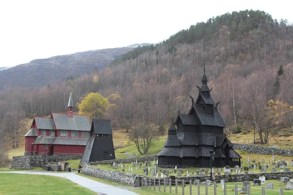 Die Historische Stabkirche Borgund Laerdal Westnorwegen Umgeben Von Wäldern — Stockfoto