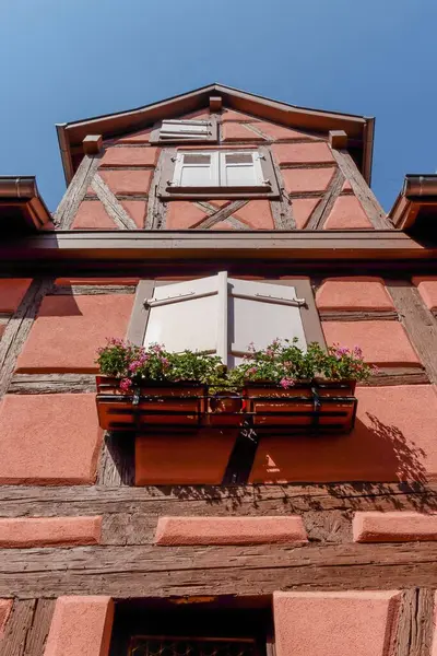 フランス アルザスのユーギスハイムで晴れた日に建物の花と古い窓の低い角度 — ストック写真