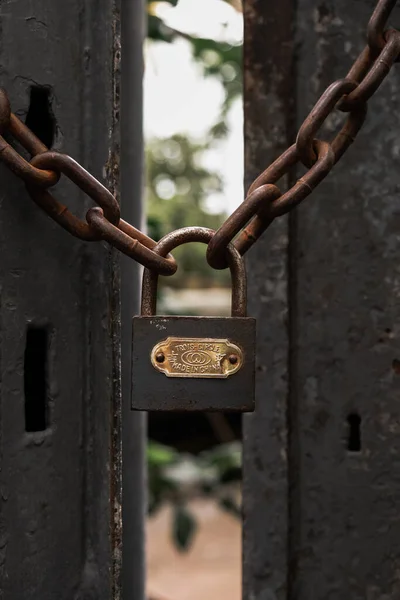 Tiro Vertical Uma Fechadura Uma Porta Jardim Botânico Iasi Roménia — Fotografia de Stock