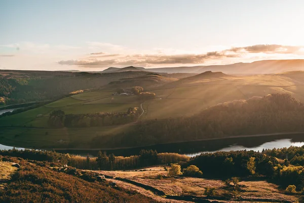 Tramonto Bacino Idrico Lady Bower Nel Peak District National Park — Foto Stock