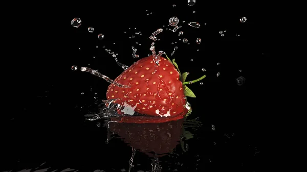 Beautiful Shot Strawberry Falling Water Isolated Black Background — Stock Photo, Image