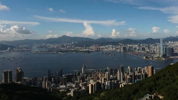 Egy Széles Látószögű Felvétel Hong Kong City Városképéről Victoria Peak — Stock Fotó