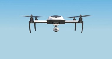 Parlak güneş ışığında mavi gökyüzünde uçan bir İHA 'nın alçak açılı görüntüsü