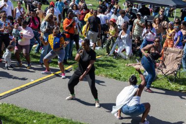Güneşli bir günde Prospect Park Brooklyn 'de düzenlenen 13. Haziran kutlamasında bir kalabalık.