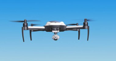 Parlak güneş ışığında mavi gökyüzünde uçan bir İHA 'nın alçak açılı görüntüsü