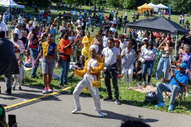 Güneşli bir günde Prospect Park Brooklyn 'de düzenlenen 13. Haziran kutlamasında bir kalabalık.