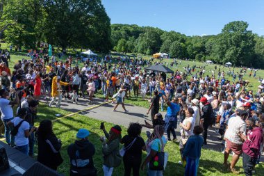 Güneşli bir günde Prospect Park Brooklyn 'de düzenlenen 13. Haziran kutlamasında bir kalabalık.