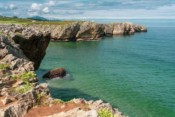 Mavi bulutlu gökyüzünün altındaki uçurumlarla çevrili sakin bir okyanus.