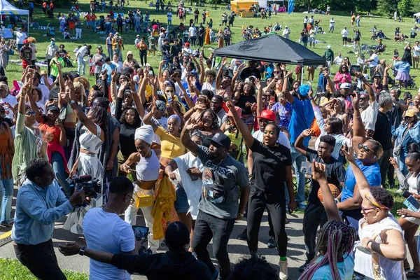 Güneşli bir günde Prospect Park Brooklyn 'de düzenlenen 13. Haziran kutlamasında bir kalabalık.