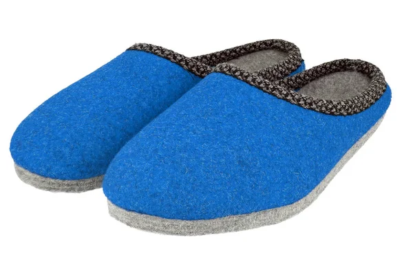 Closeup Pair Blue Gray Felted Wool Slippers — Stock Photo, Image