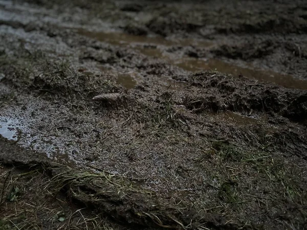 Wysokim Kątem Strzał Mokrej Błotnistej Zamarzniętej Drogi Polu Wieczorem — Zdjęcie stockowe