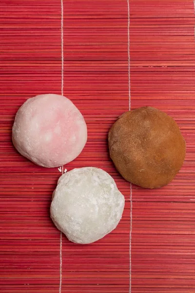 Artisan Mochis Three Flavors Red Wooden Tablecloth Vertical Copy Space — Stock Photo, Image