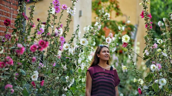 Caucasian Woman Standing Relaxed Colorful Flower Garden Full Alcea Plants — Stock Photo, Image