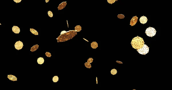 Illustration Falling Golden Bitcoins Black Background — Stock Photo, Image