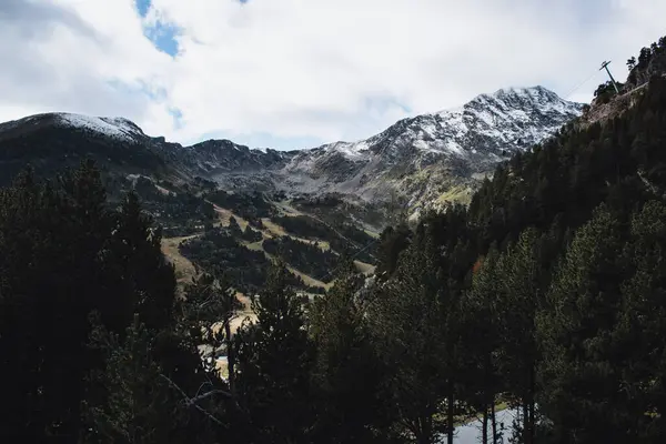 Blick Auf Einen Wald Und Einen Verschneiten Berg Hintergrund Mit — Stockfoto