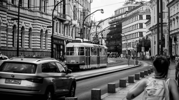 チェコ共和国プラハの別の建物がある賑やかな通りを歩く人々の灰色のショット — ストック写真