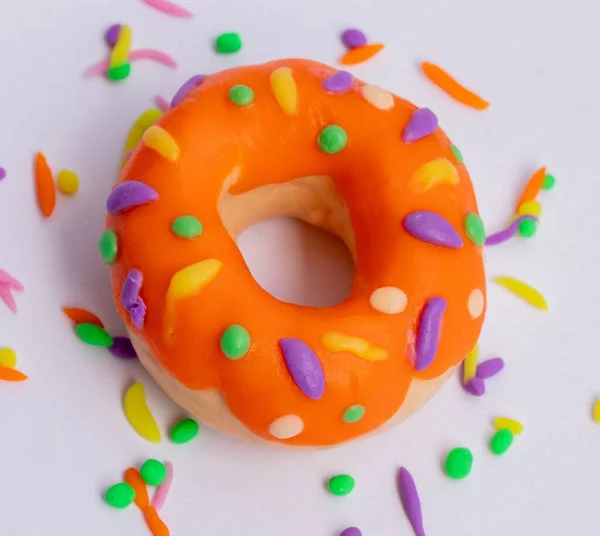 Top View Orange Donut Made Plasticine Decorated Sprinkles — Stock Photo, Image